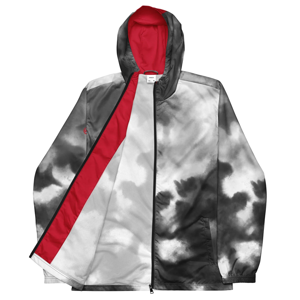Grau-weiße Windjacke mit Wolken-Muster, rotem Innenfutter und Kapuze