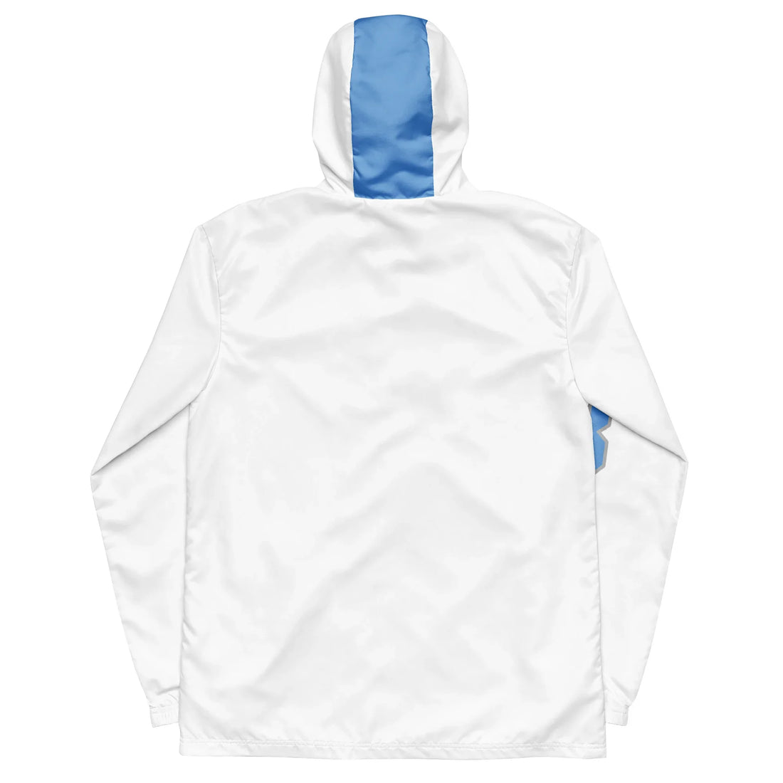 Rückansicht einer weißen Windjacke mit Kapuze und blauem Streifen auf der Kapuze