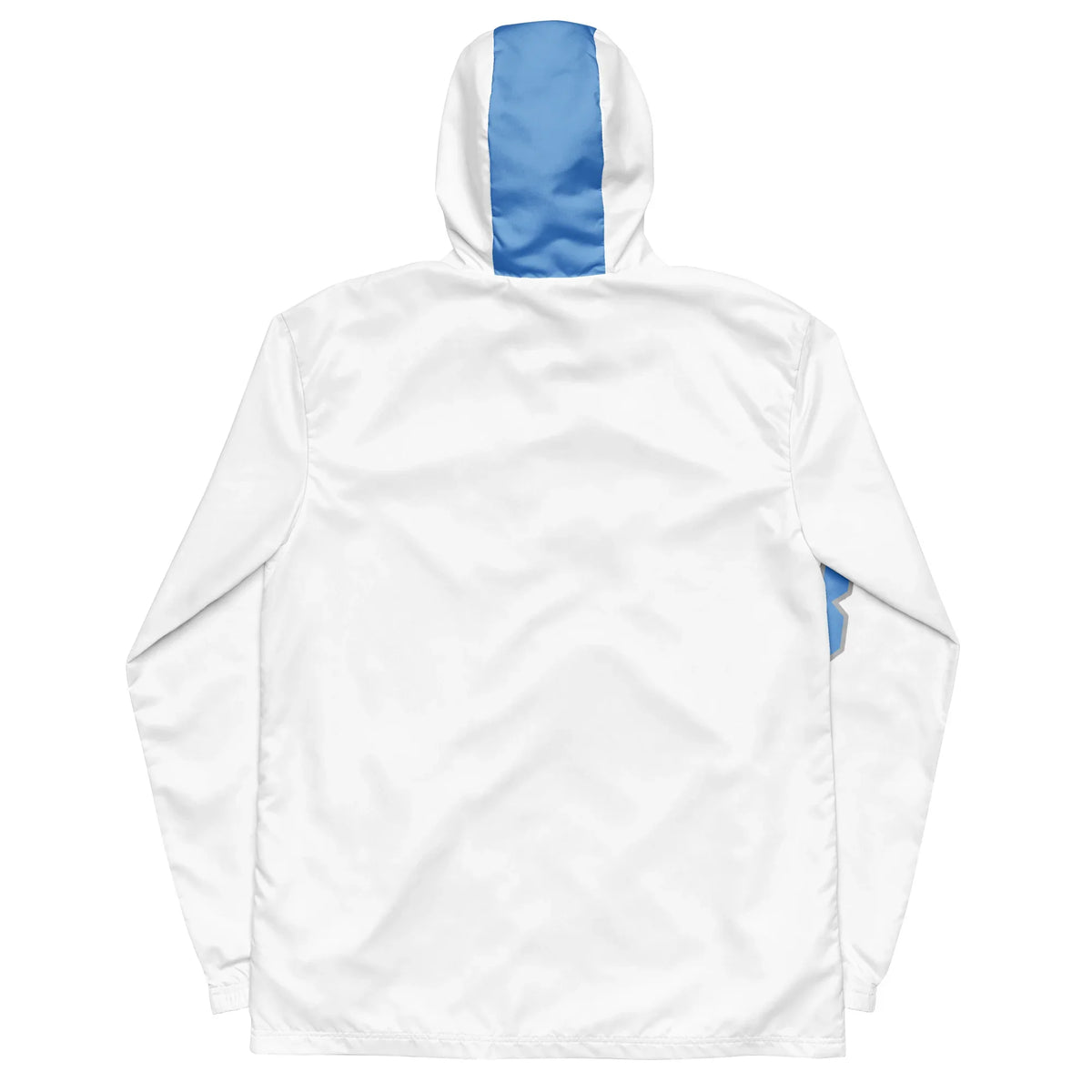 Rückansicht einer weißen Windjacke mit Kapuze und blauem Streifen auf der Kapuze