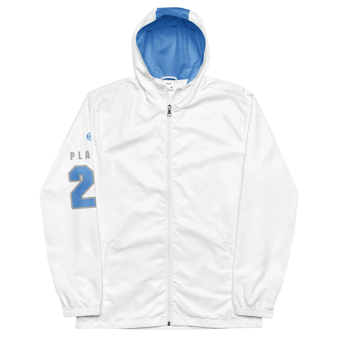 Weiße personalisierbare Sportjacke mit Kapuze in Blau und Nummer 2 auf dem Ärmel