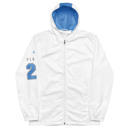 Weiße personalisierbare Sportjacke mit Kapuze in Blau und Nummer 2 auf dem Ärmel