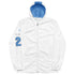 Weiße personalisierbare Sportjacke mit Kapuze in Blau und Nummer 2 auf dem Ärmel