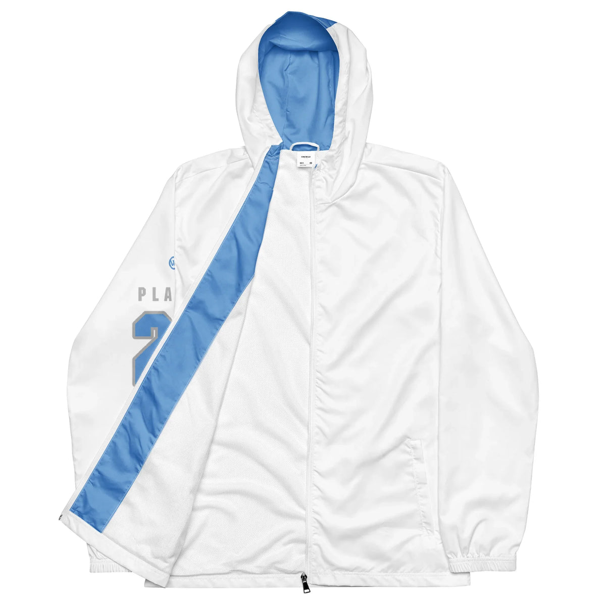 Weiße personalisierbare Sportjacke mit blauen Akzenten und Kapuze