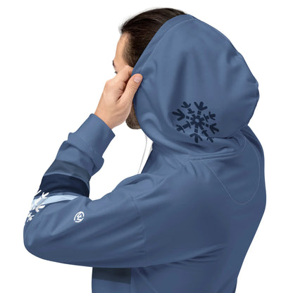 Blauer CREWILD Hoodie für Unisex mit Schneeflocken-Design auf der Kapuze und dem Ärmel.