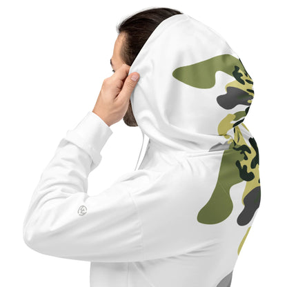 Weißer CREWILD Premium Hoodie mit grünem Camouflage-Print auf der Kapuze und dem Rücken