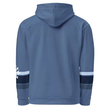 Rückansicht des blauen CREWILD Hoodie WINTER VIBES mit Streifen und Schneeflocken-Print am Ärmel