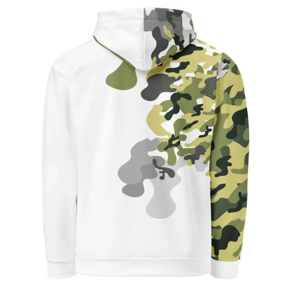 Rückansicht des weißen CREWILD Premium Hoodies mit grünem Camouflage-Muster