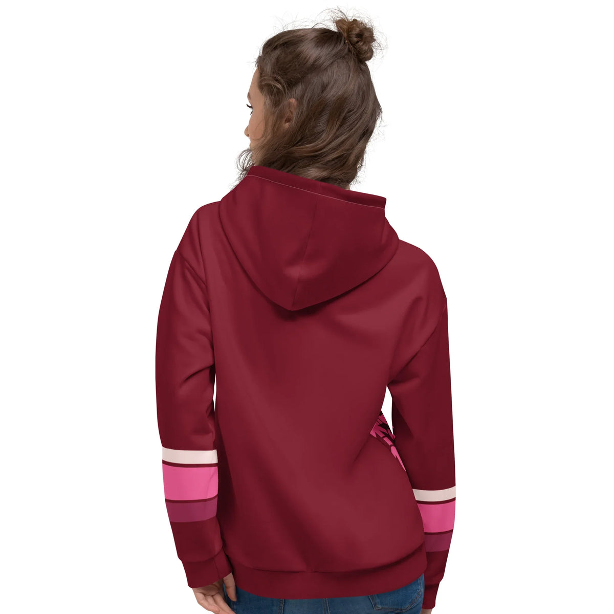 Rückansicht eines dunkelroten CREWILD Hoodies für Unisex mit farbigen Streifen am Ärmel