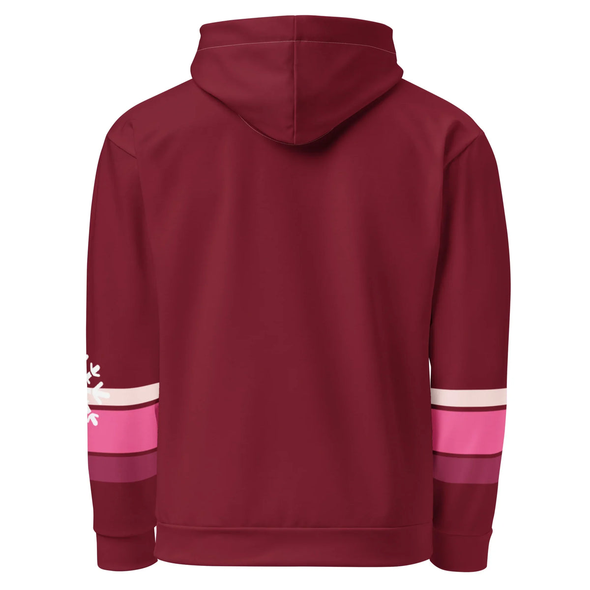 Rückseite des dunkelroten CREWILD Hoodie Winter Vibes mit rosa Streifen an den Ärmeln