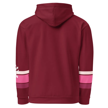 Rückseite des dunkelroten CREWILD Hoodie Winter Vibes mit rosa Streifen an den Ärmeln