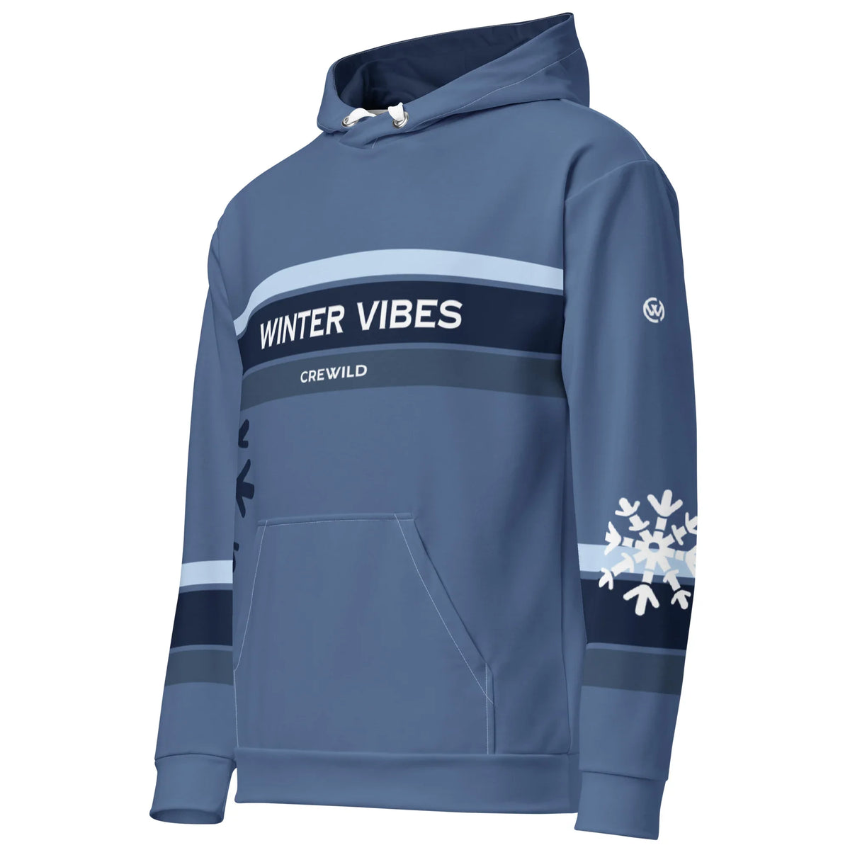 Blauer CREWILD Hoodie für Unisex mit Aufdruck WINTER VIBES und Schneeflocken-Design.