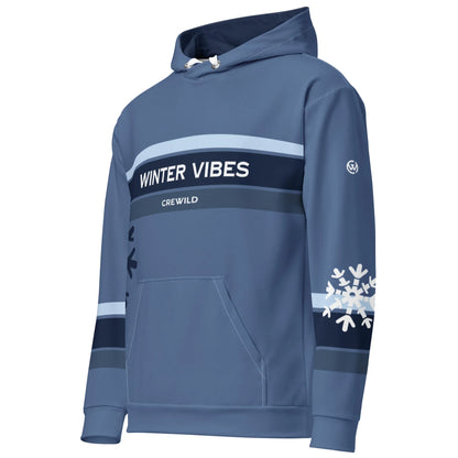 Blauer CREWILD Hoodie für Unisex mit Aufdruck WINTER VIBES und Schneeflocken-Design.