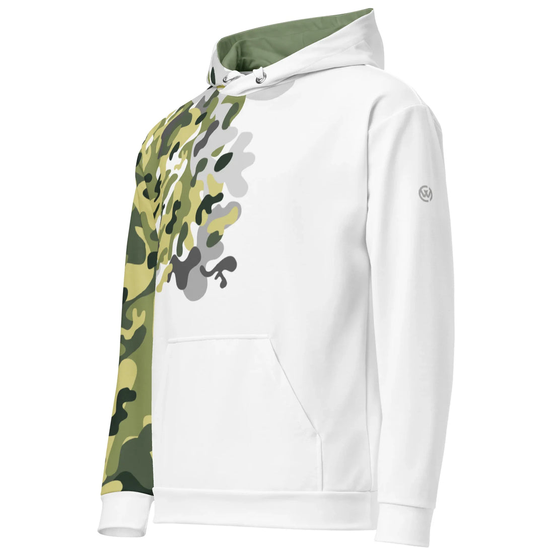 Weißer CREWILD Premium Hoodie für Unisex mit grünem Camouflage-Muster auf der rechten Seite.