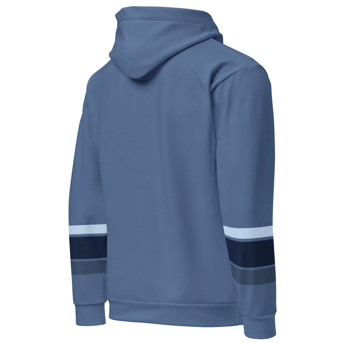 Rückansicht des blauen CREWILD Hoodies mit gestreiften Ärmeldetails in Blau- und Weißtönen.