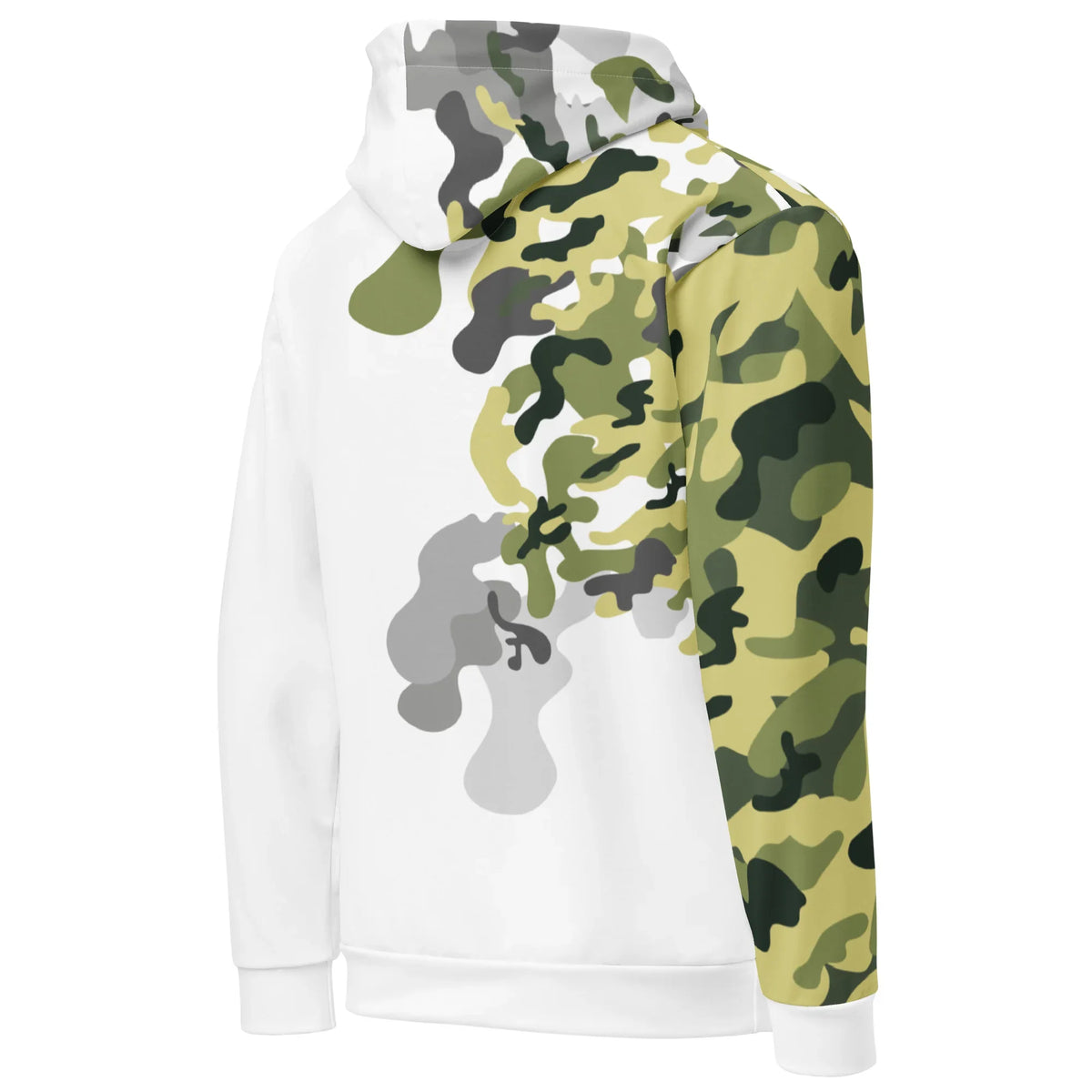 Weißer CREWILD Premium Hoodie für Unisex mit modernem Camouflage-Muster auf einer Seite