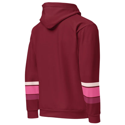 Rückansicht des dunkelroten CREWILD Unisex Hoodies mit farbigen Streifen an den Ärmeln