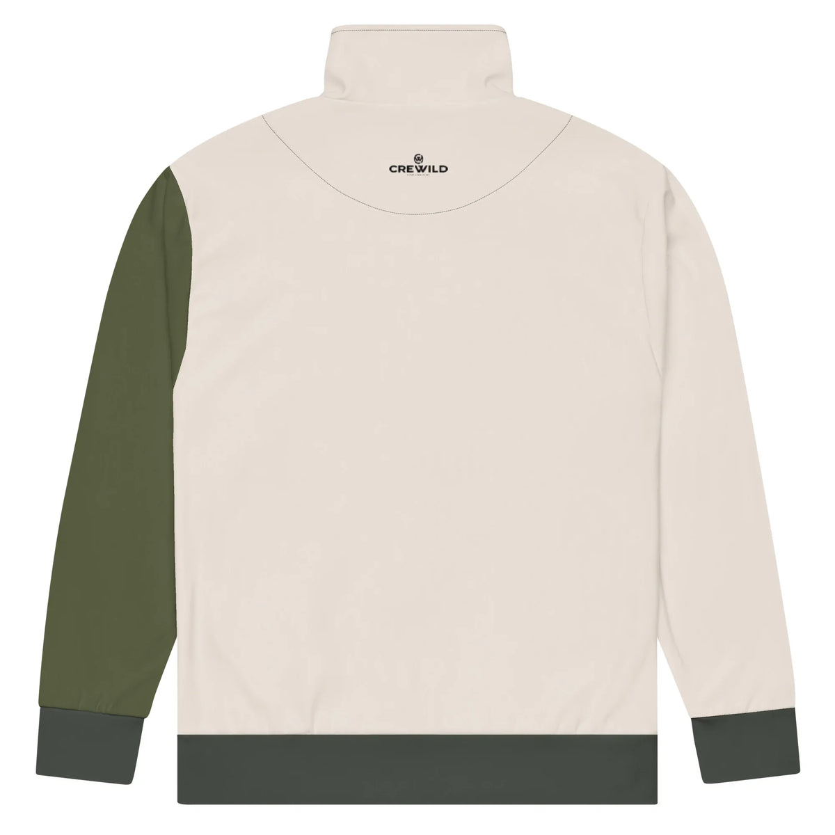 Rückseite der CREWILD Unisex Jacke in Creme mit grünen Ärmeln und Saum