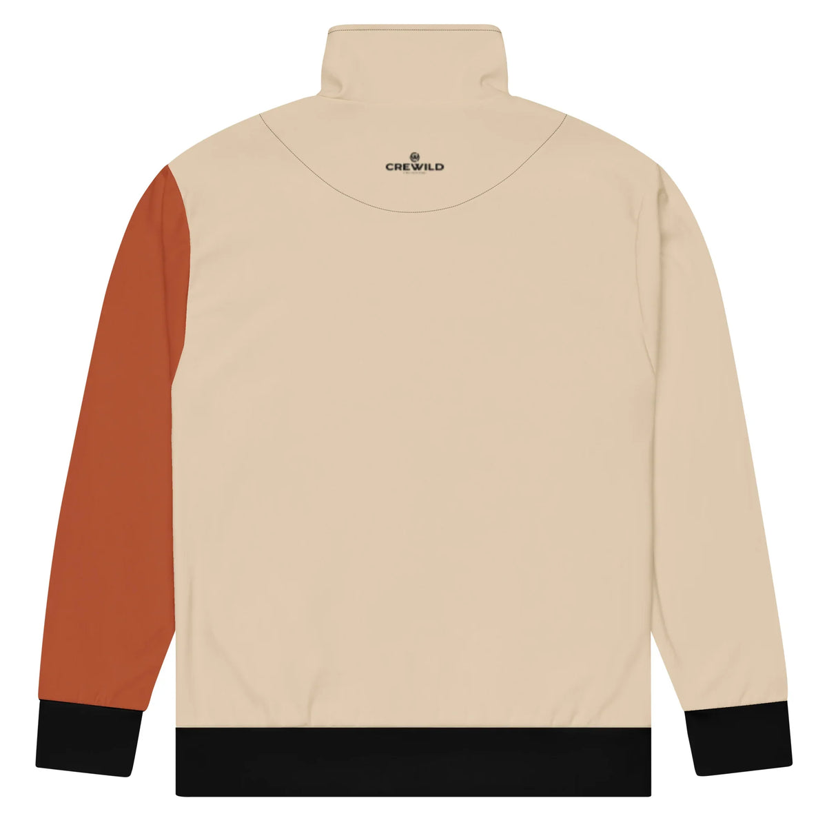 Rückansicht der CREWILD Unisex Jacke in Braun und Creme mit schwarzem Bund.