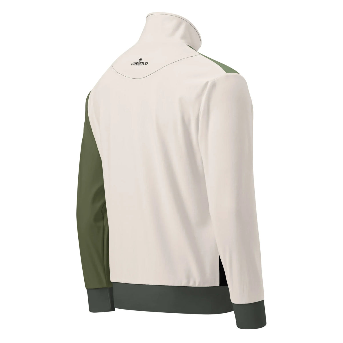 Rückansicht der CREWILD Unisex Jacke in Creme und Grün mit Logo auf dem Kragen