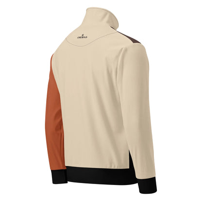 Rückansicht der CREWILD Unisex Jacke in Braun und Creme mit schwarzem Bund.