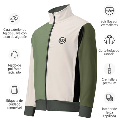 CREWILD Unisex-Jacke in Creme und Grün mit Details zu Material und Passform.