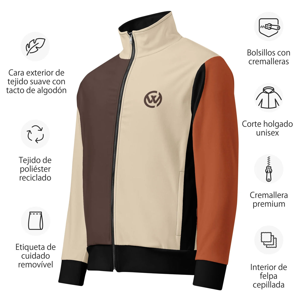 CREWILD Unisex-Jacke in Braun und Creme mit Details zu Material und Passform.