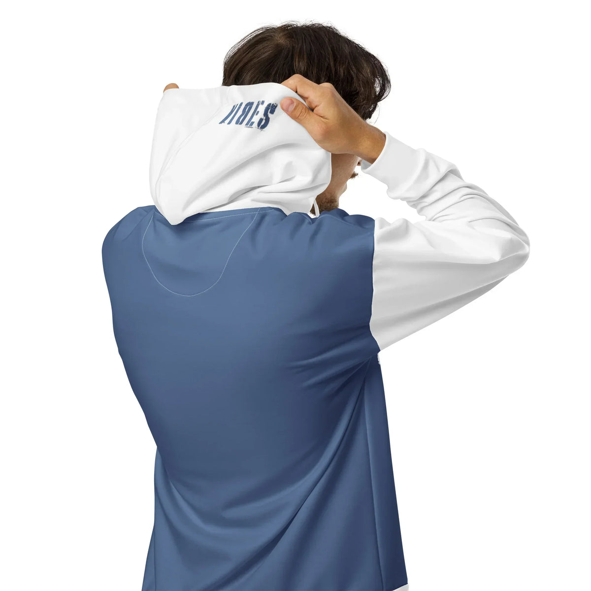 Rückansicht eines CREWILD Zip-Hoodies in Mittelblau und Weiß für Unisex.