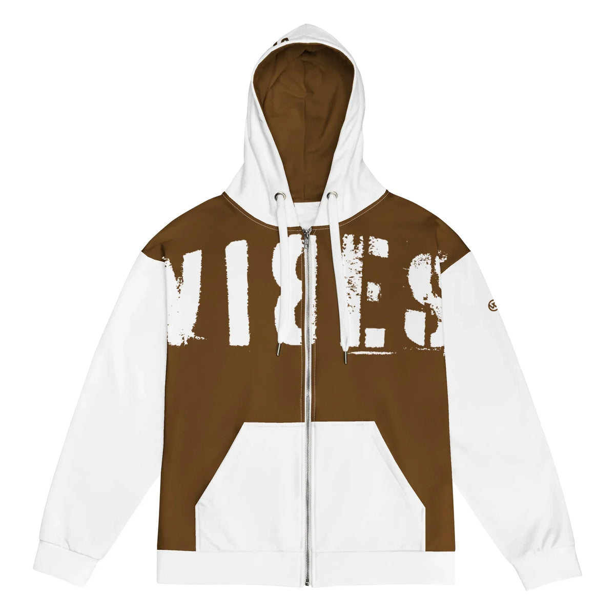 CREWILD Zip-Hoodie in Braun und Weiß mit weißem VIBES-Schriftzug auf der Brust