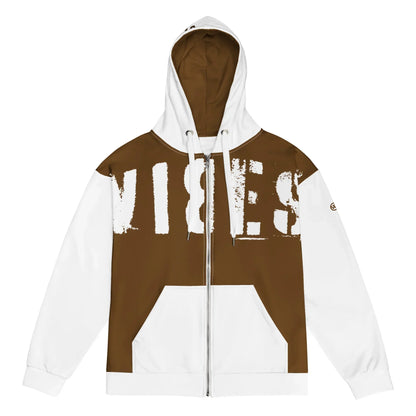 CREWILD Zip-Hoodie in Braun und Weiß mit weißem VIBES-Schriftzug auf der Brust