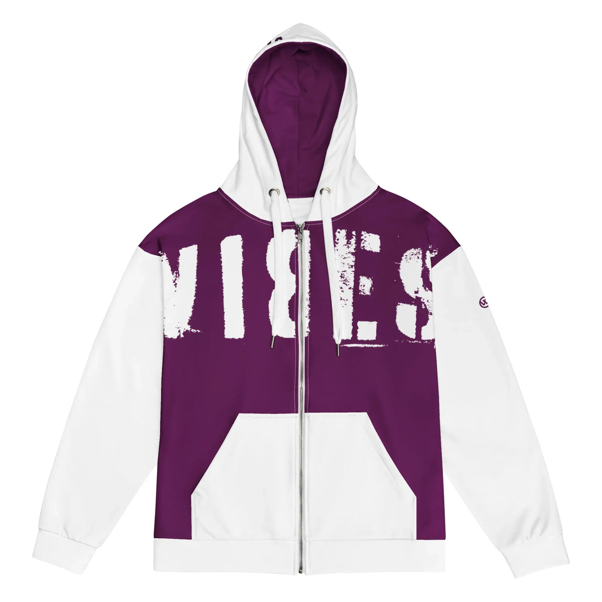 Lila-weißer Hoodie mit großem VIBES-Schriftzug im Grunge-Stil