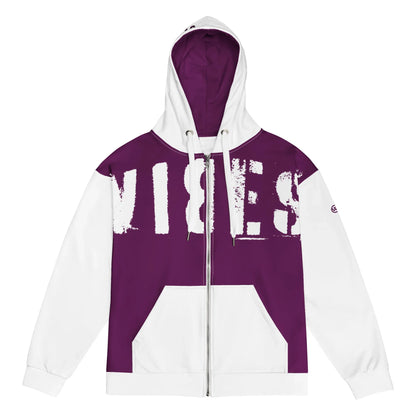 Lila-weißer Hoodie mit großem VIBES-Schriftzug im Grunge-Stil