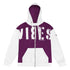 Lila-weißer Hoodie mit großem VIBES-Schriftzug im Grunge-Stil