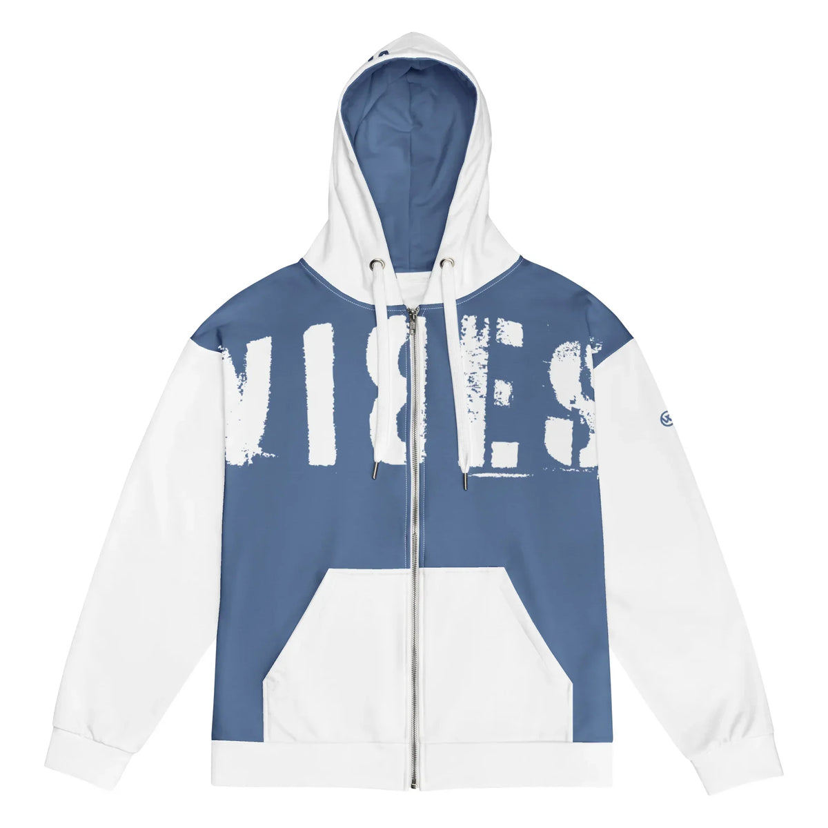 CREWILD Zip-Hoodie in Mittelblau und Weiß mit weißem VIBES-Schriftzug
