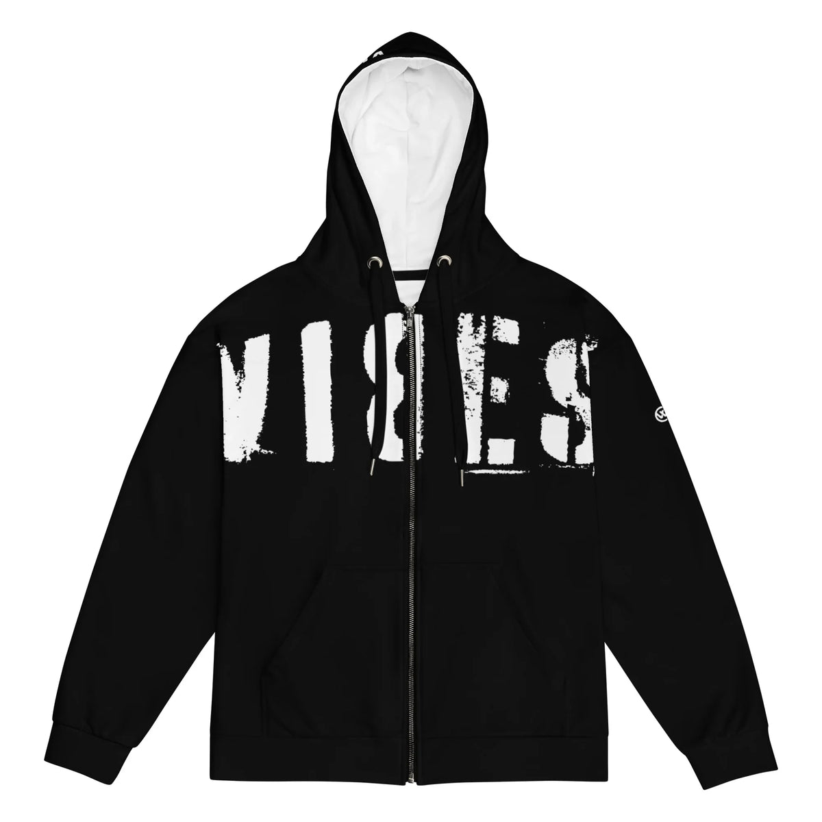 Schwarzer Kapuzenpullover mit weißem Vibes-Schriftzug und Reißverschluss