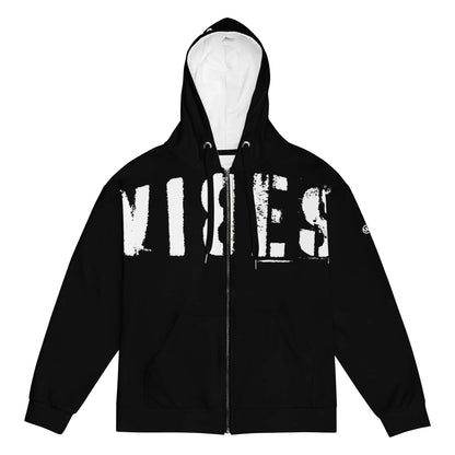 Schwarzer Kapuzenpullover mit weißem Vibes-Schriftzug und Reißverschluss