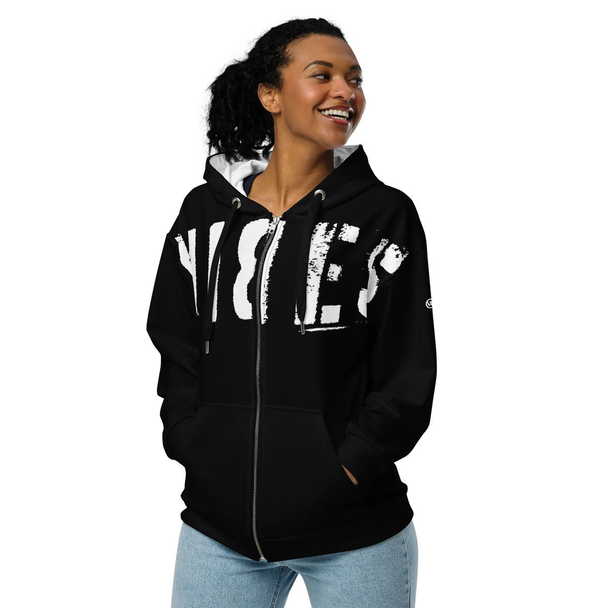 Schwarzer Hoodie mit weißem Vibes-Schriftzug und Kapuze für Damen