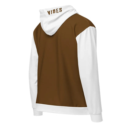 Rückansicht eines CREWILD Zip-Hoodies in Braun und Weiß mit VIBES-Stickerei auf der Kapuze