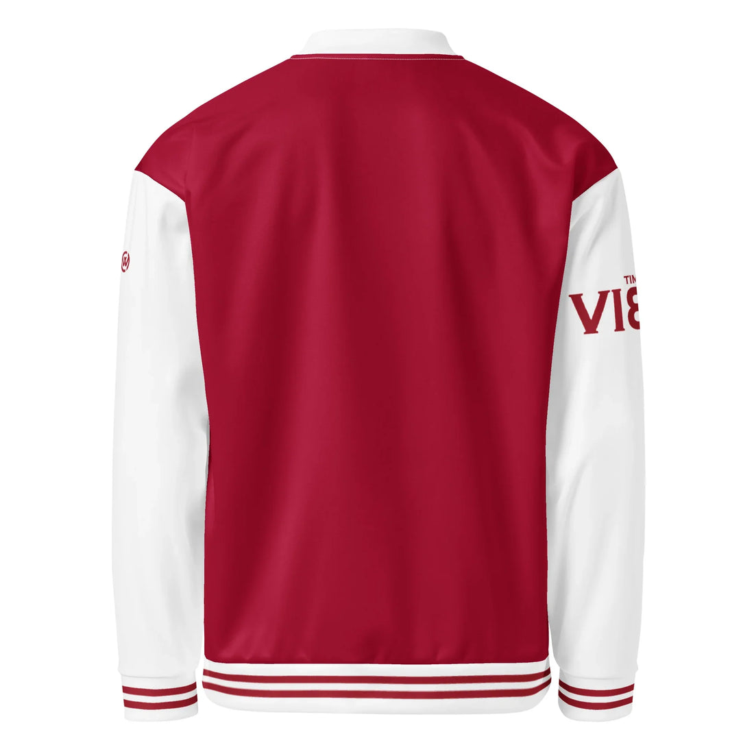 Rückseite der rot-weißen CREWILD Collegejacke GOOD-VIBES für Unisex