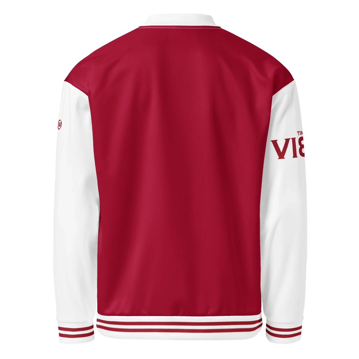 Rückseite der rot-weißen CREWILD Collegejacke GOOD-VIBES für Unisex