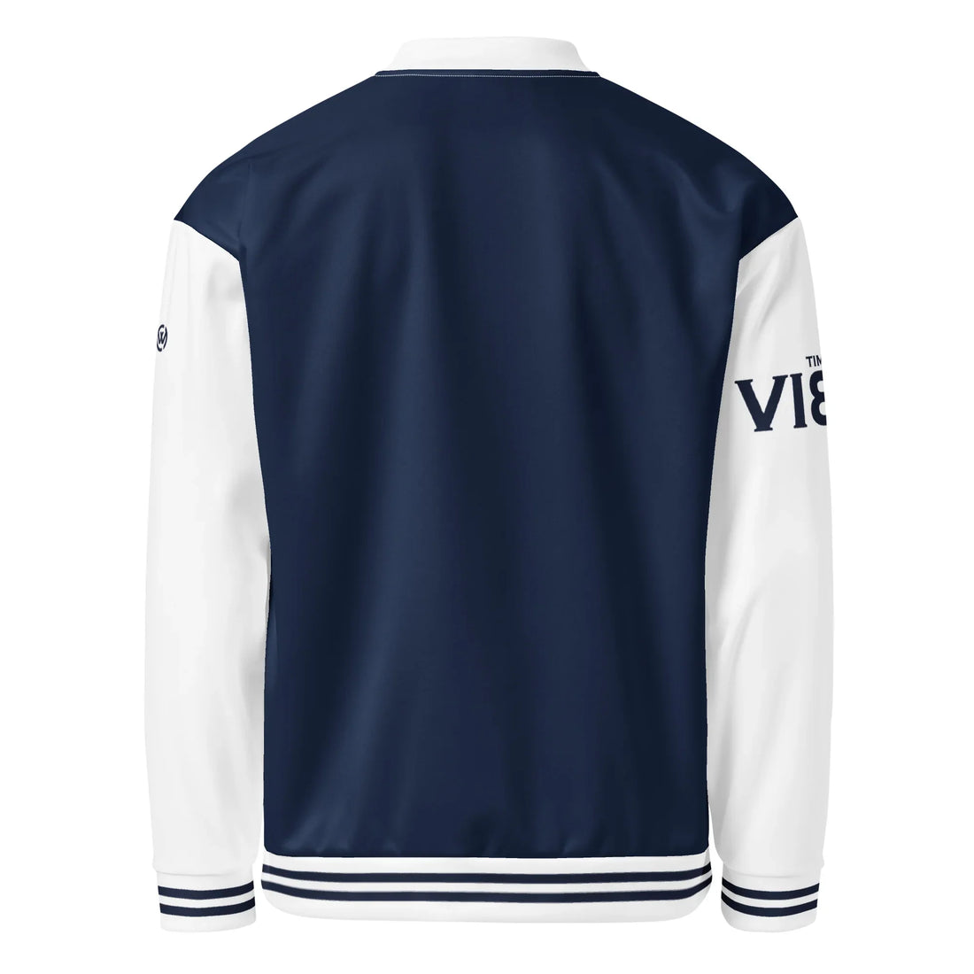 Rückansicht der blau-weißen CREWILD Collegejacke für Unisex.