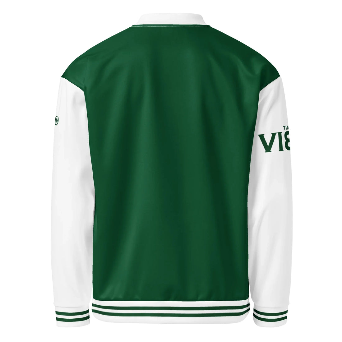 Rückseite der grün-weißen CREWILD Collegejacke GOOD-VIBES für Unisex.