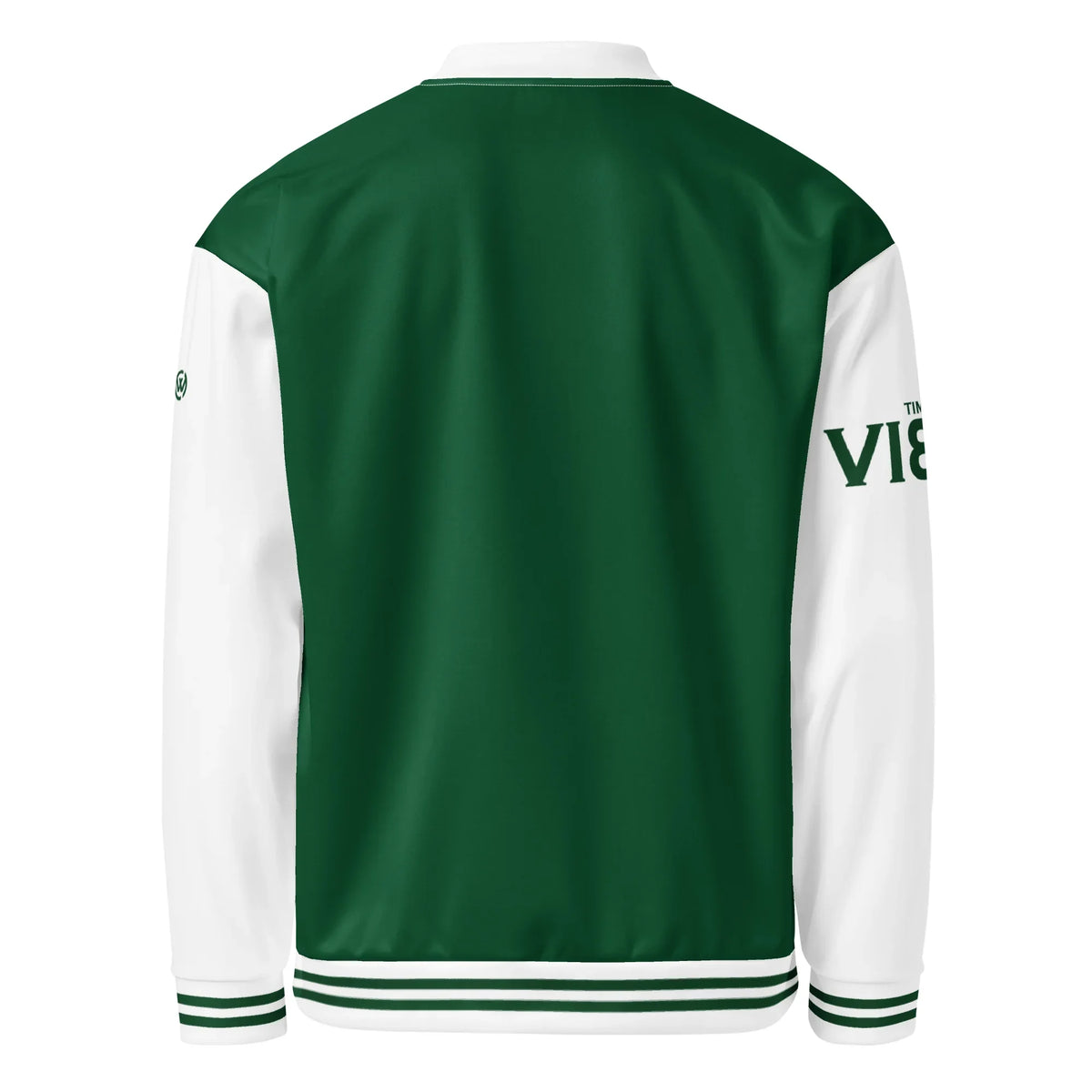 Rückseite der grün-weißen CREWILD Collegejacke GOOD-VIBES für Unisex.