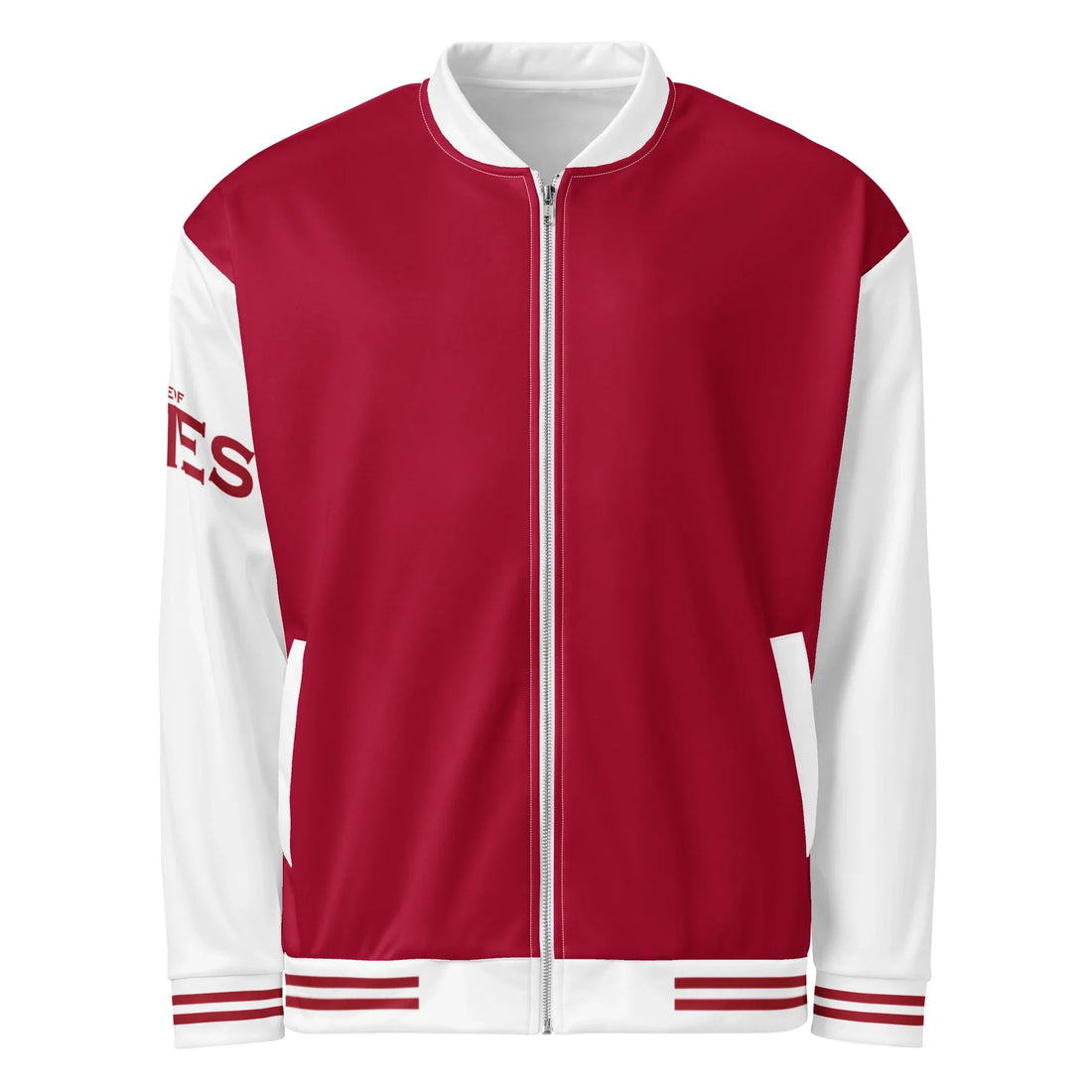 Rot-weiße CREWILD Collegejacke für Unisex mit Reißverschluss und gestreiften Bündchen.