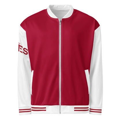 Rot-weiße CREWILD Collegejacke für Unisex mit Reißverschluss und gestreiften Bündchen.