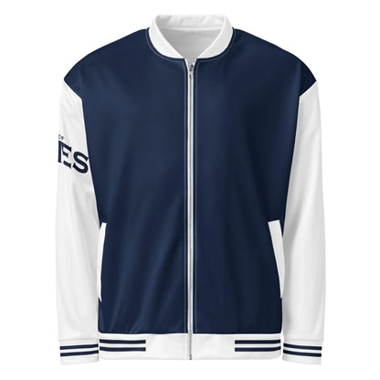 Blau-weiße Unisex Collegejacke von CREWILD mit Reißverschluss und gestreiften Bündchen.