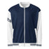 Blau-weiße Unisex Collegejacke von CREWILD mit Reißverschluss und gestreiften Bündchen.