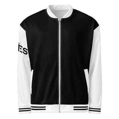 Schwarz-weiße CREWILD Collegejacke für Unisex mit Reißverschluss und Streifendetails.