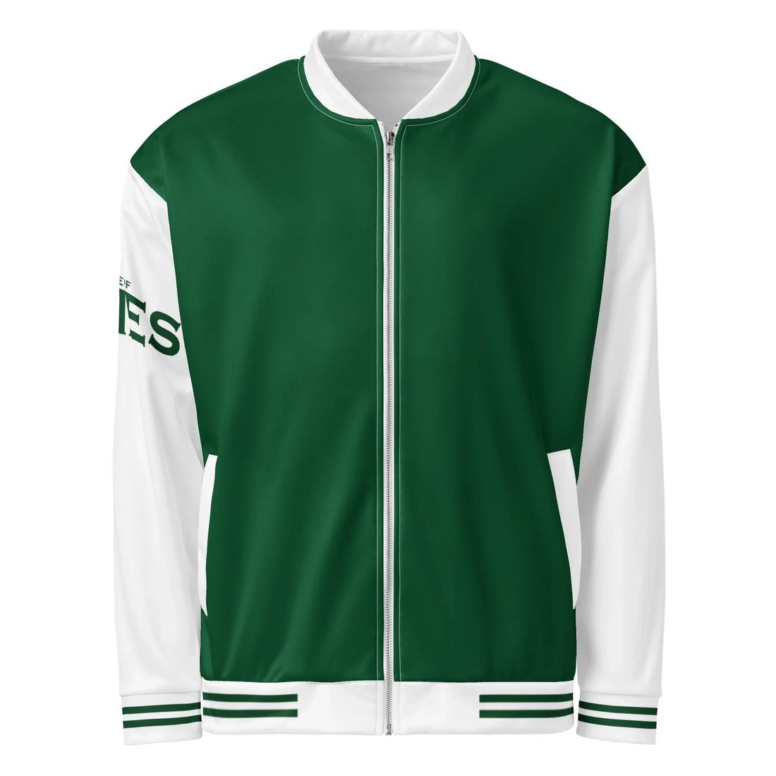 Grün-weiße CREWILD Collegejacke für Unisex mit Reißverschluss und weißen Ärmeln.