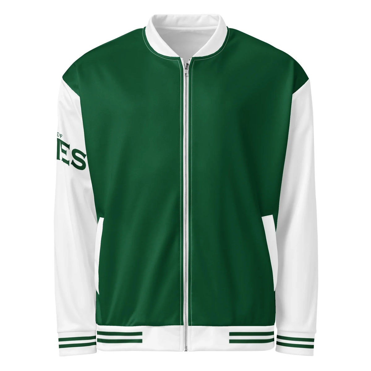 Grün-weiße CREWILD Collegejacke für Unisex mit Reißverschluss und weißen Ärmeln.