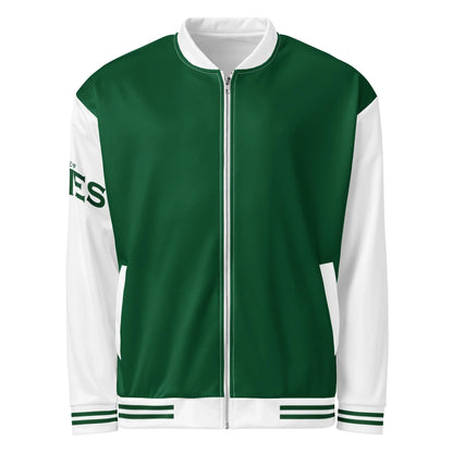 Grün-weiße CREWILD Collegejacke für Unisex mit Reißverschluss und weißen Ärmeln.